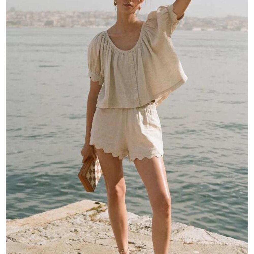 Tuckernuck Natural Linen Tully Crop Top Ava Shorts Matching Set Outfit XS - Picture 2 of 13
